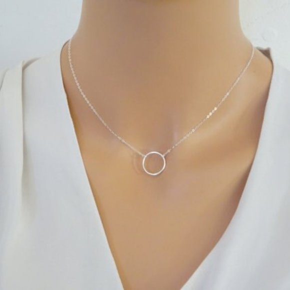 3 Piece Silver Layered Medallion, Long Bar, Hoop Choker Necklace - Geometric - Picture 7 of 8